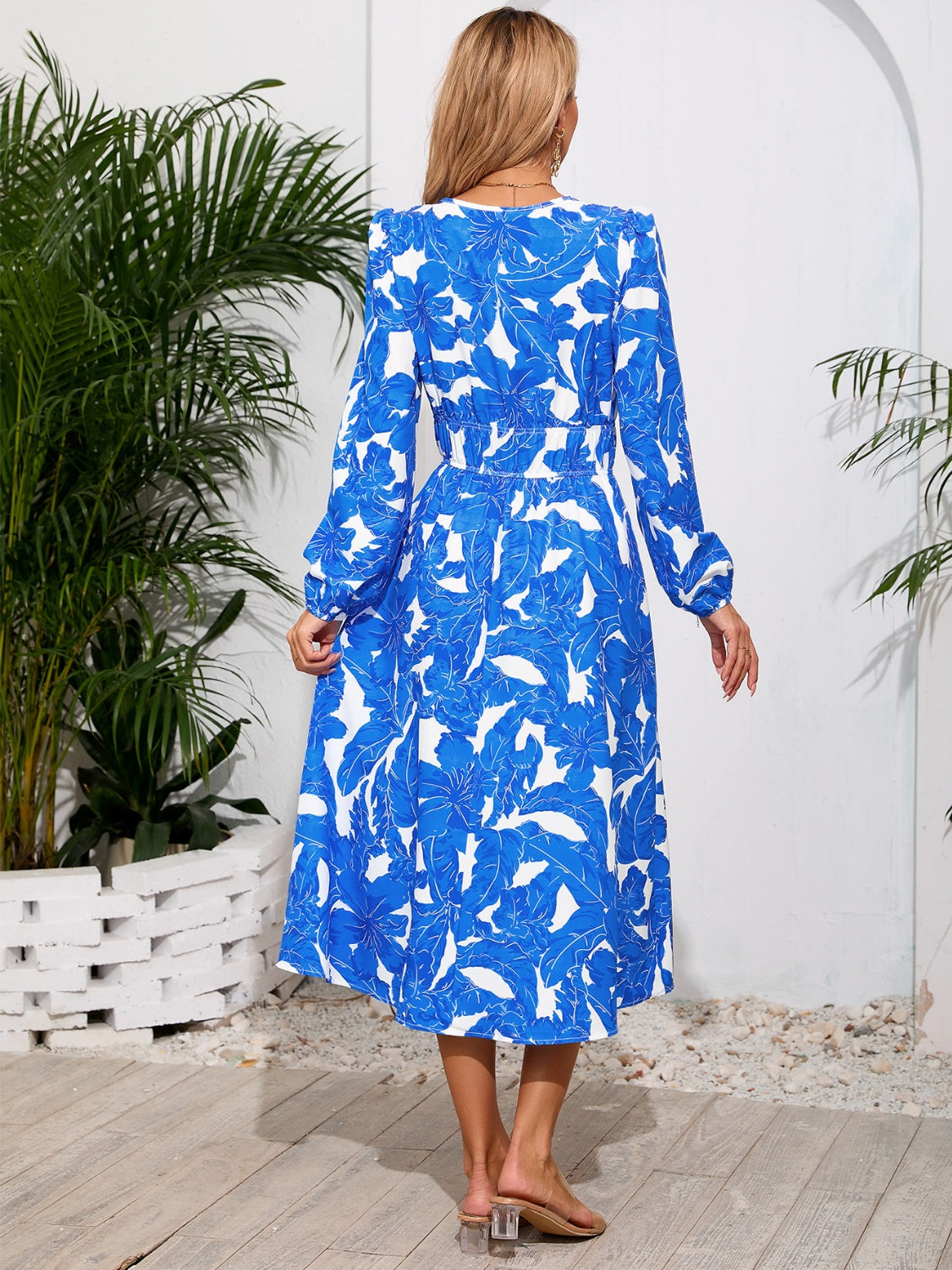 Printed Surplice Long Sleeve Midi Dress   