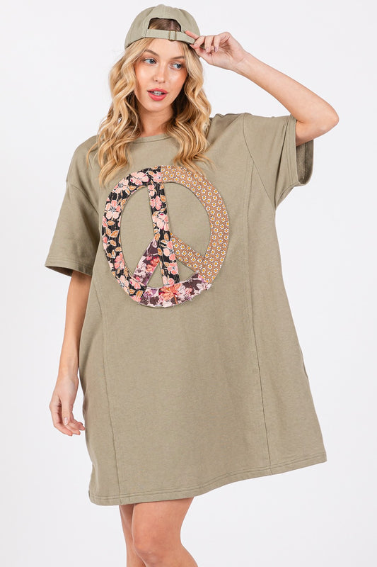 SAGE + FIG Full Size Peace Sign Applique Short Sleeve Tee Dress Olive Drab S 