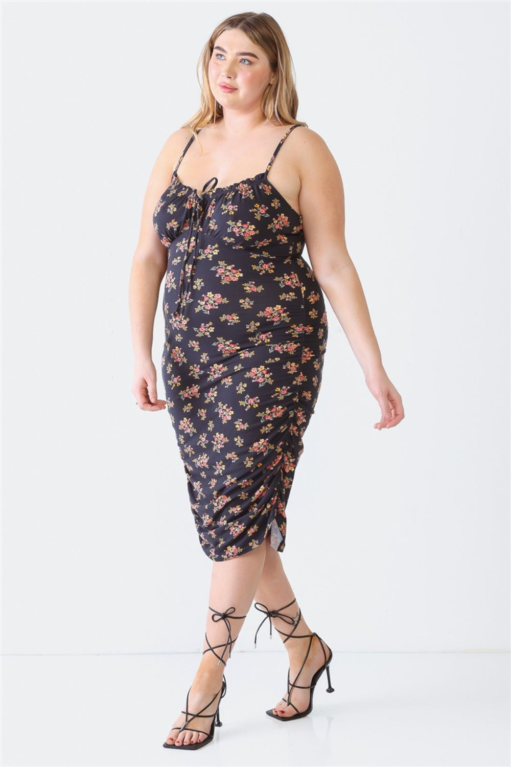 Blue Leopard Plus Size Ruched Floral Square Neck Cami Dress   