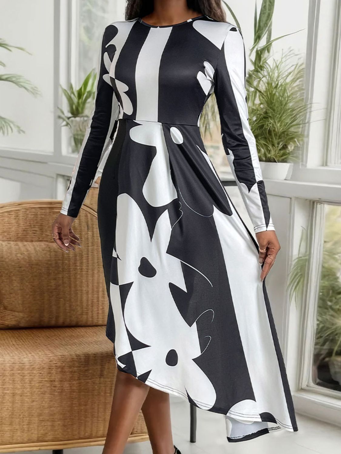 Asymmetrical Slit Round Neck Long Sleeve Midi Dress   