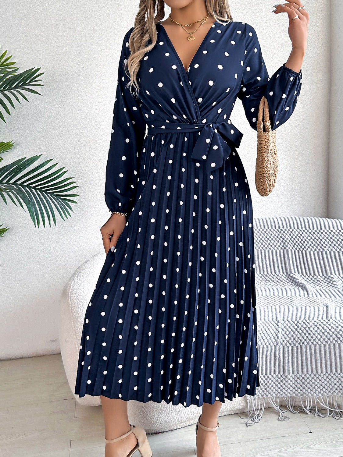 Tied Polka Dot Long Sleeve Midi Dress Navy S 