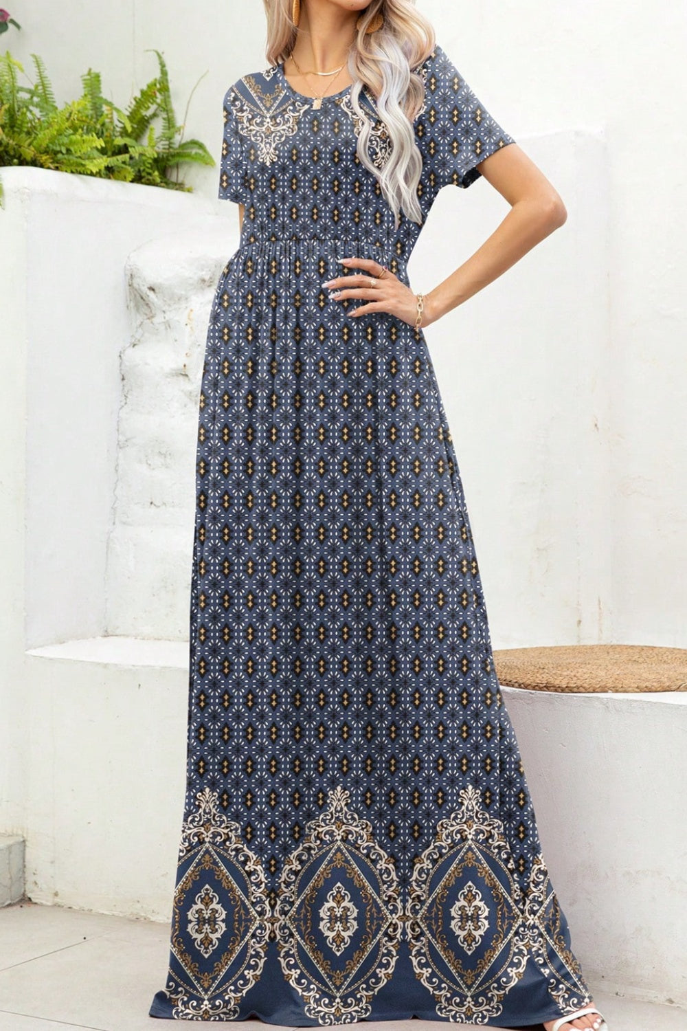 Printed Round Neck Short Sleeve Maxi Dress French Blue S 