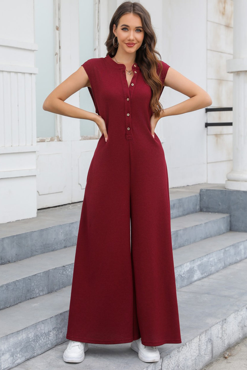 STUNNLY  Half Button Wide Leg Jumpsuit with Pockets   