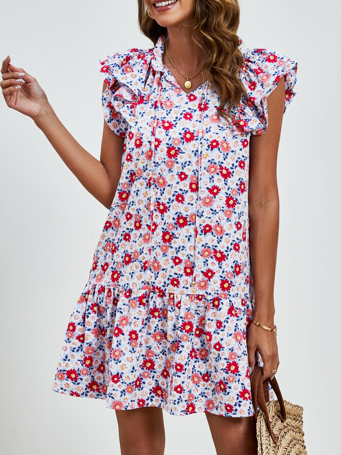 Tied Floral Cap Sleeve Mini Dress Rust S 