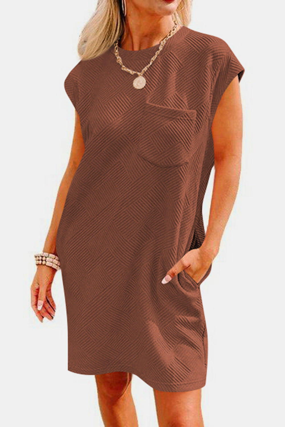 STUNNLY  Textured Round Neck Cap Sleeve Dress   