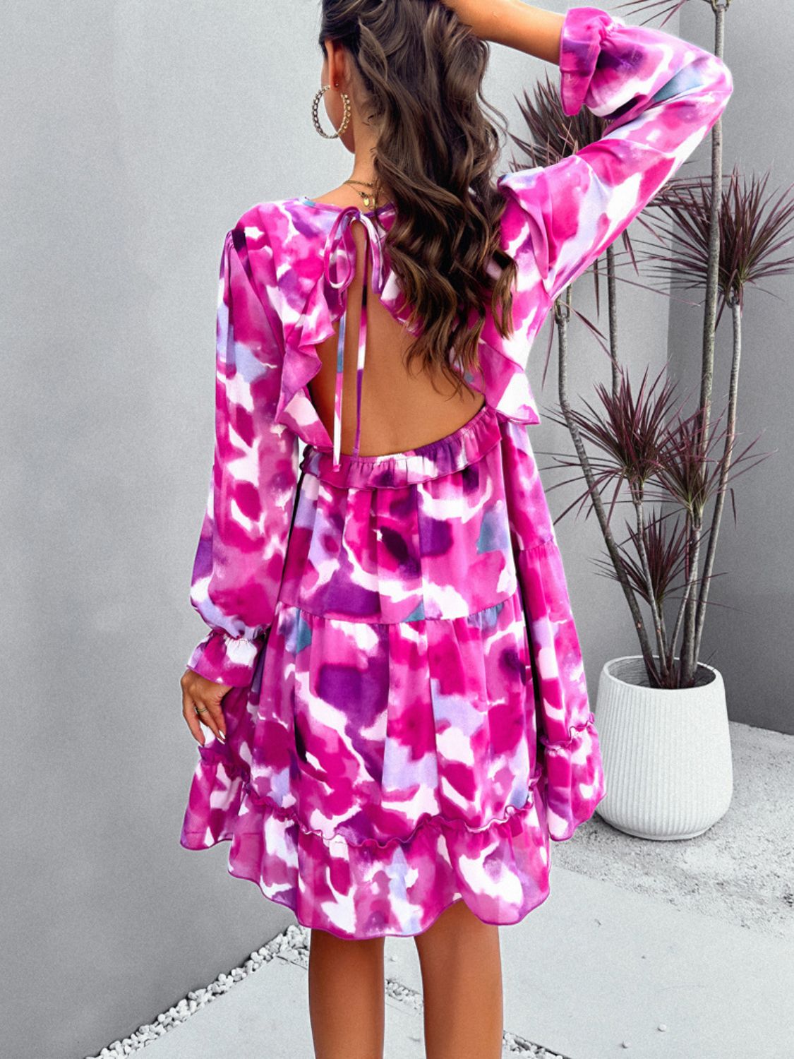 Backless Printed V-Neck Flounce Sleeve Dress   