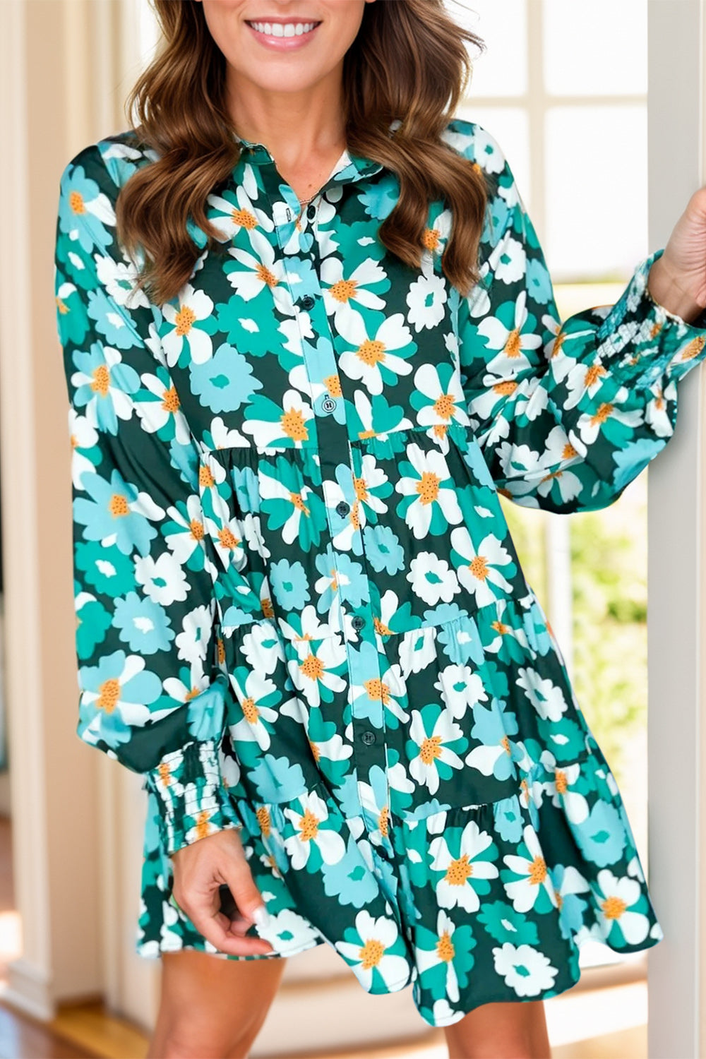 Printed Collared Neck Lantern Sleeve Mini Dress Floral S 