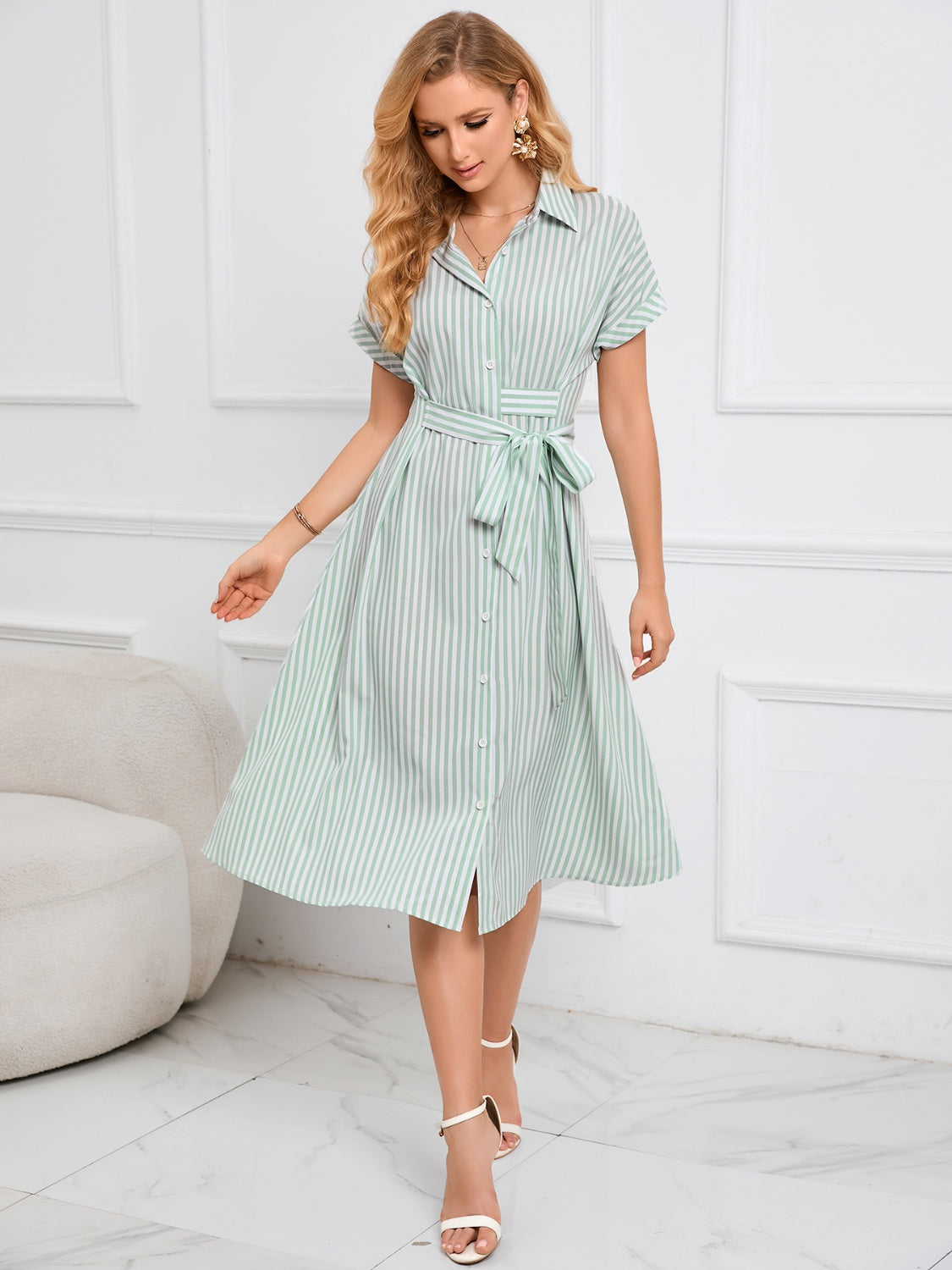 Striped Short Sleeve Tie Waist Midi Dress   