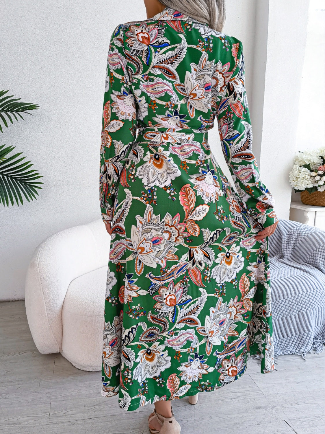 Tied Printed Long Sleeve Midi Dress   