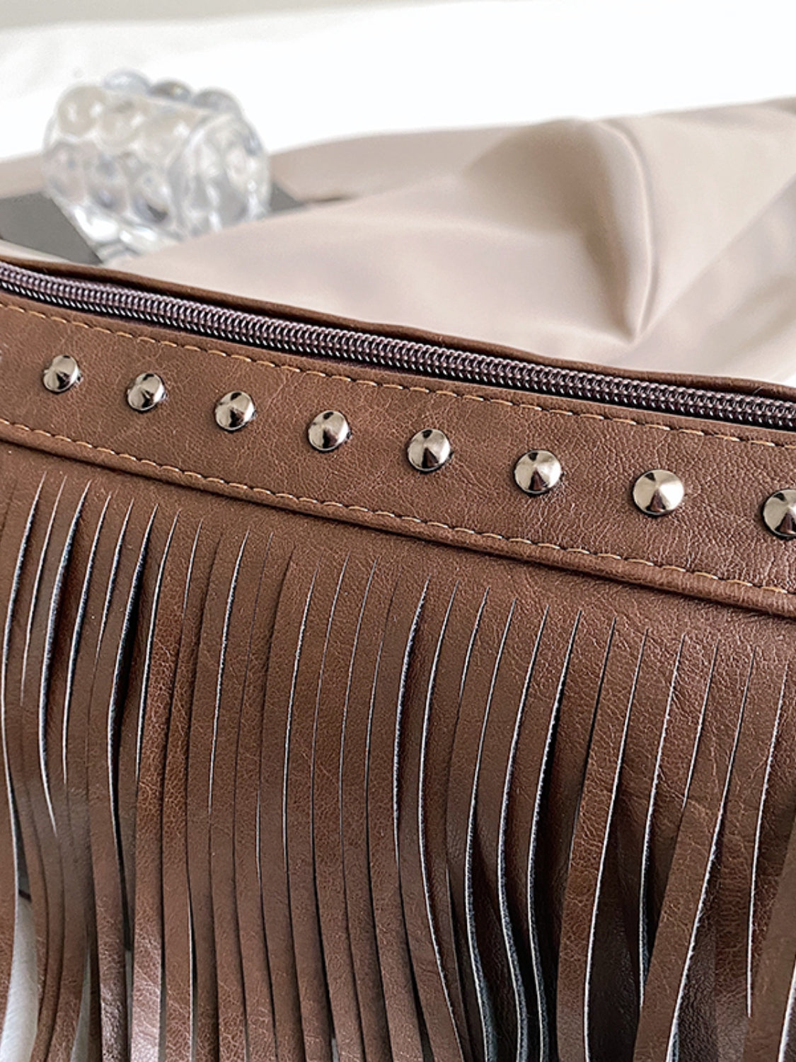 PU Leather Fringe Studded Crossbody Bag   