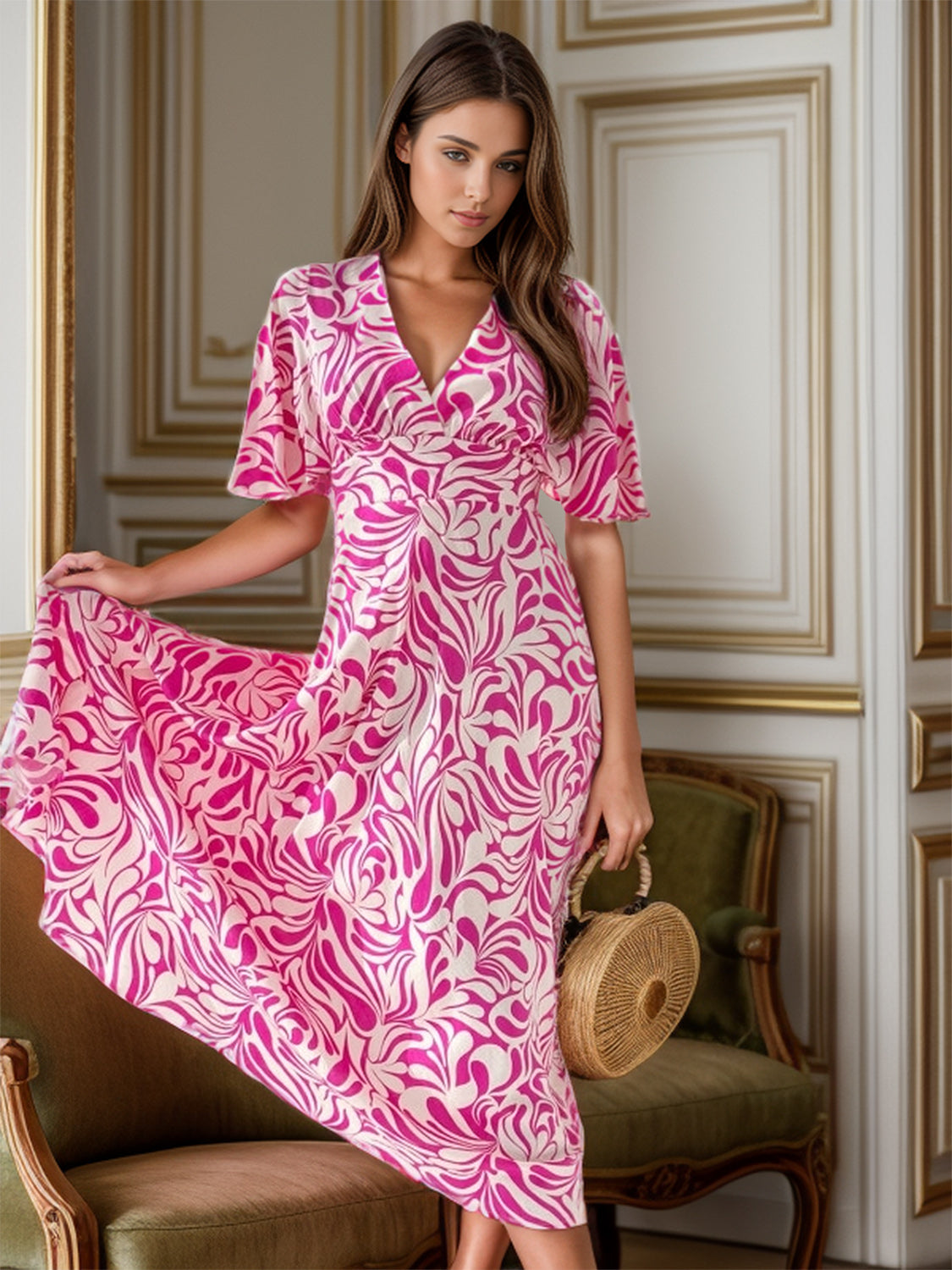 Printed Surplice Half Sleeve Midi Dress   