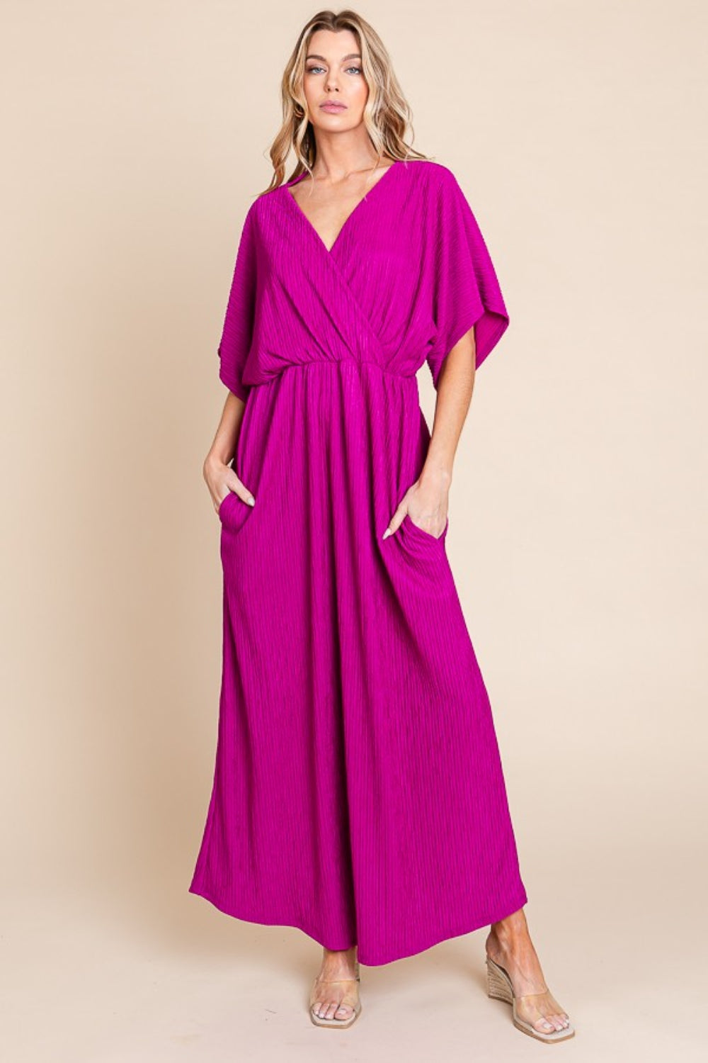 BOMBOM Surplice Maxi Dress with Pockets Magenta S 