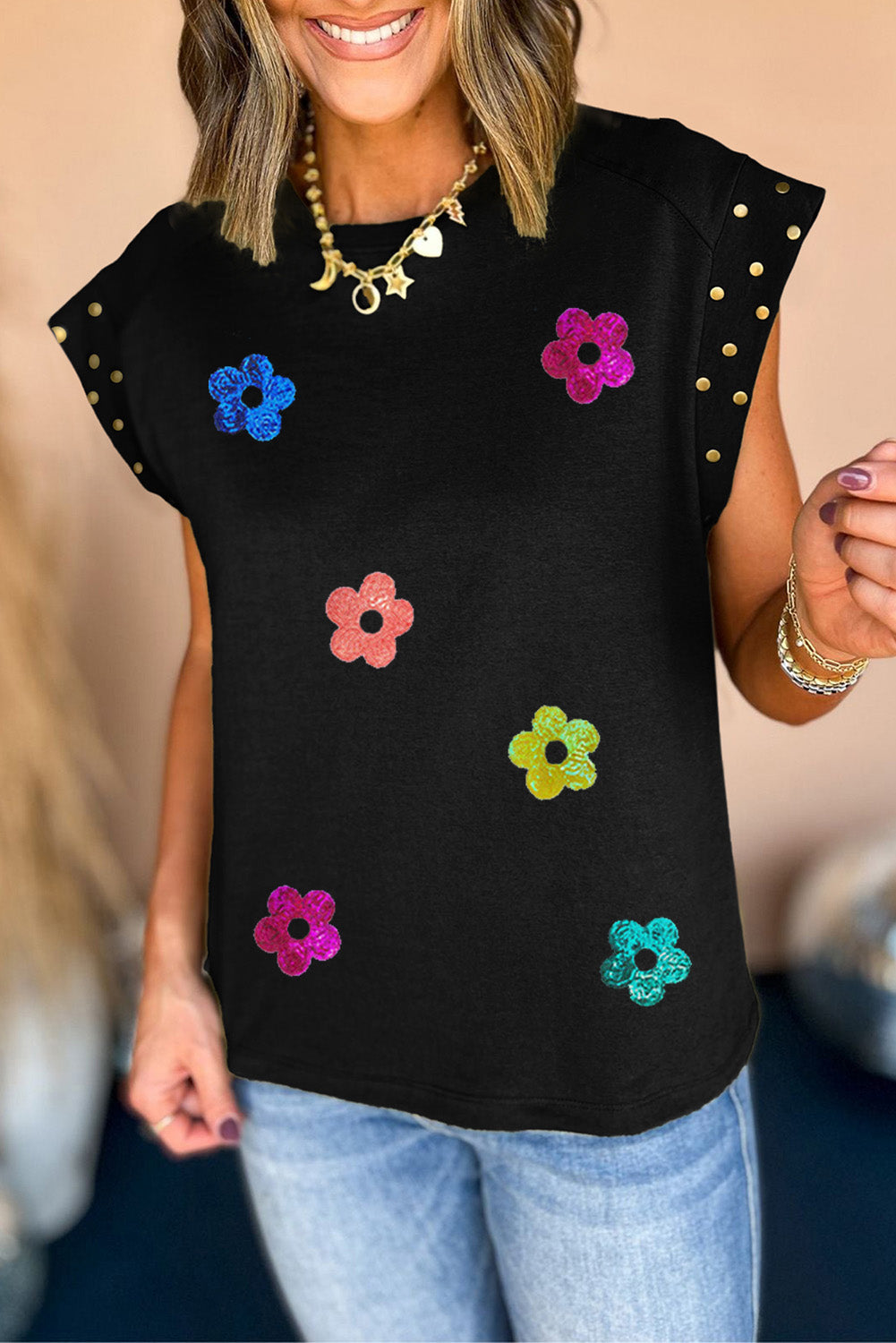 Studded Flower Round Neck Cap Sleeve Blouse Black S 