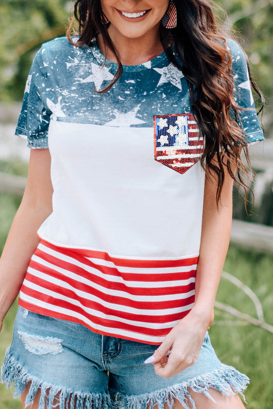 STUNNLY  US Flag Round Neck Short Sleeve T-Shirt White S 