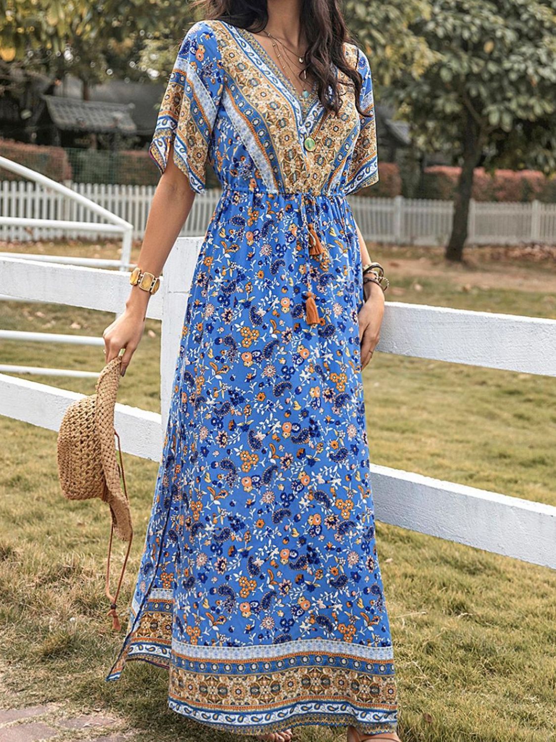 Slit Printed V-Neck Half Sleeve Maxi Dress   