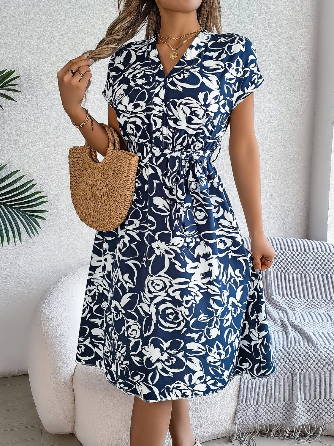 Printed V-Neck Short Sleeve Dress   