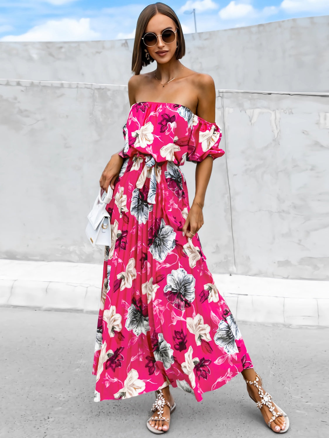 Pleated Floral Off-Shoulder Short Sleeve Midi Dress   