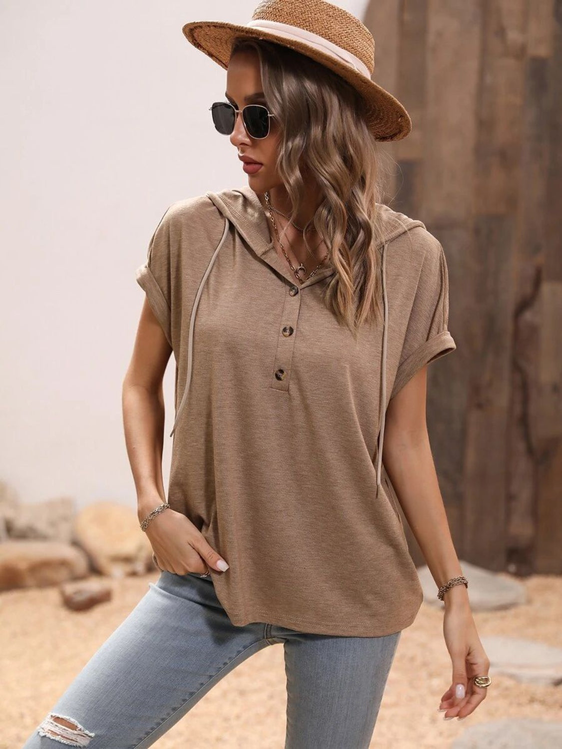 Half Button Hooded Short Sleeve Blouse   