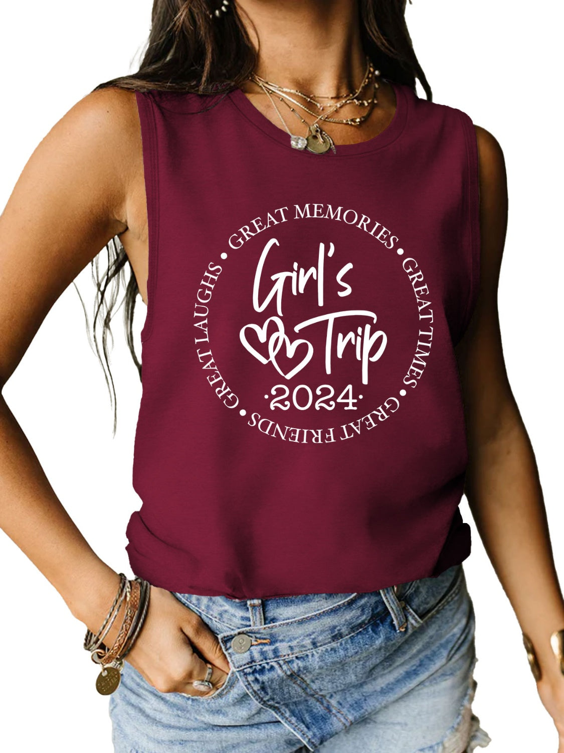 STUNNLY  Letter Graphic Round Neck Tank Wine S 