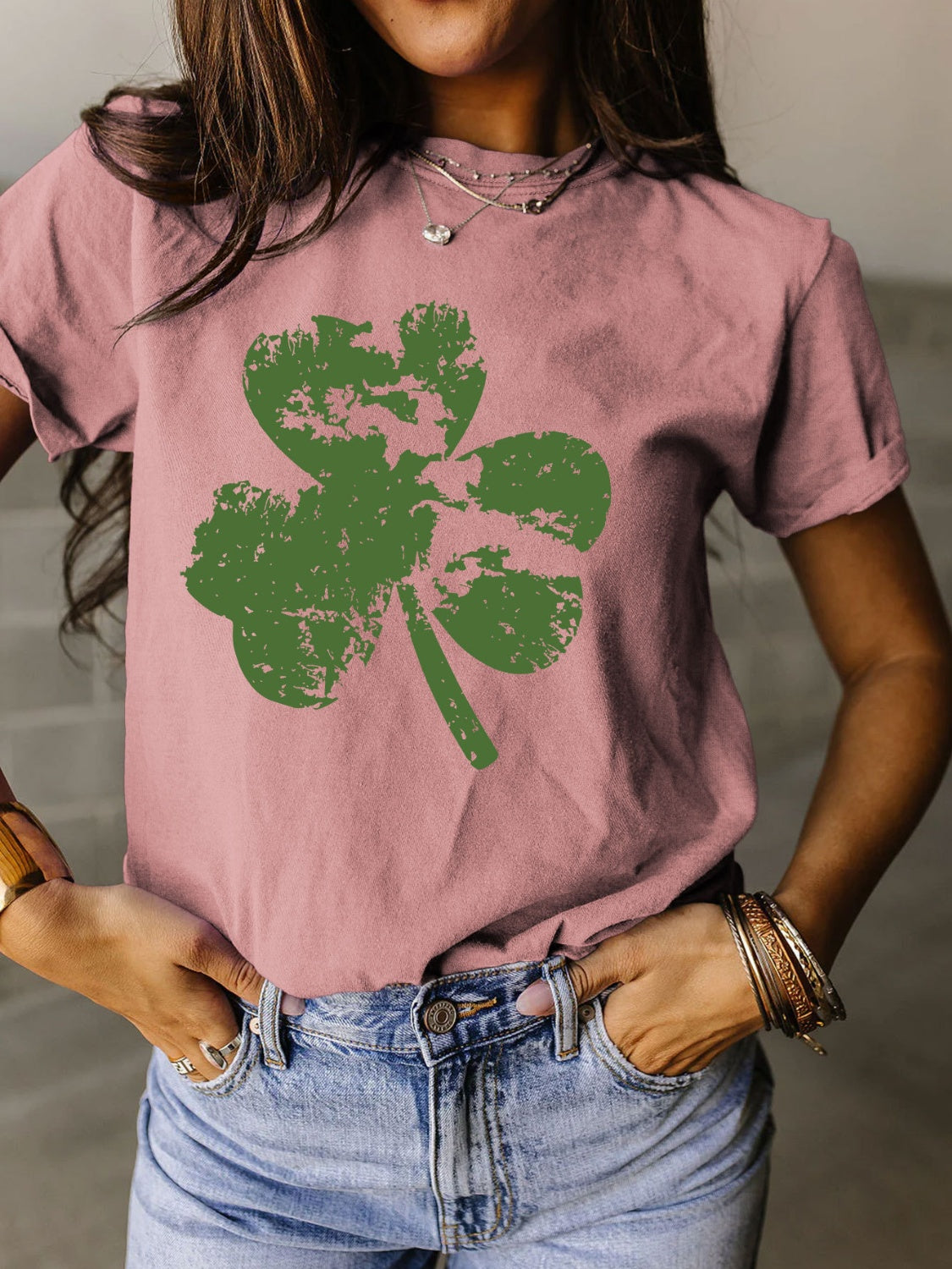 STUNNLY  Full Size Lucky Clover Round Neck Short Sleeve T-Shirt Light Mauve S 