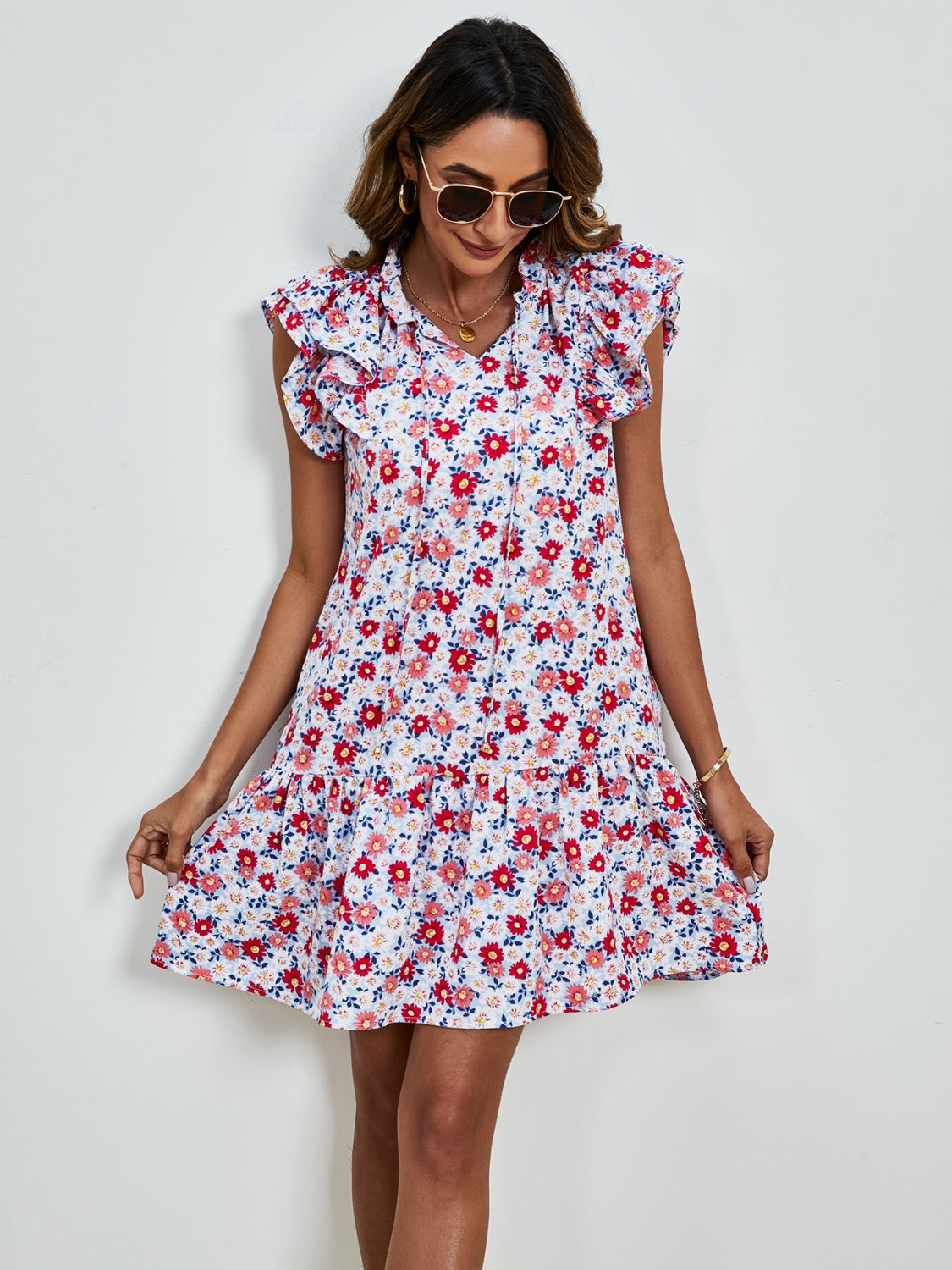 Tied Floral Cap Sleeve Mini Dress   