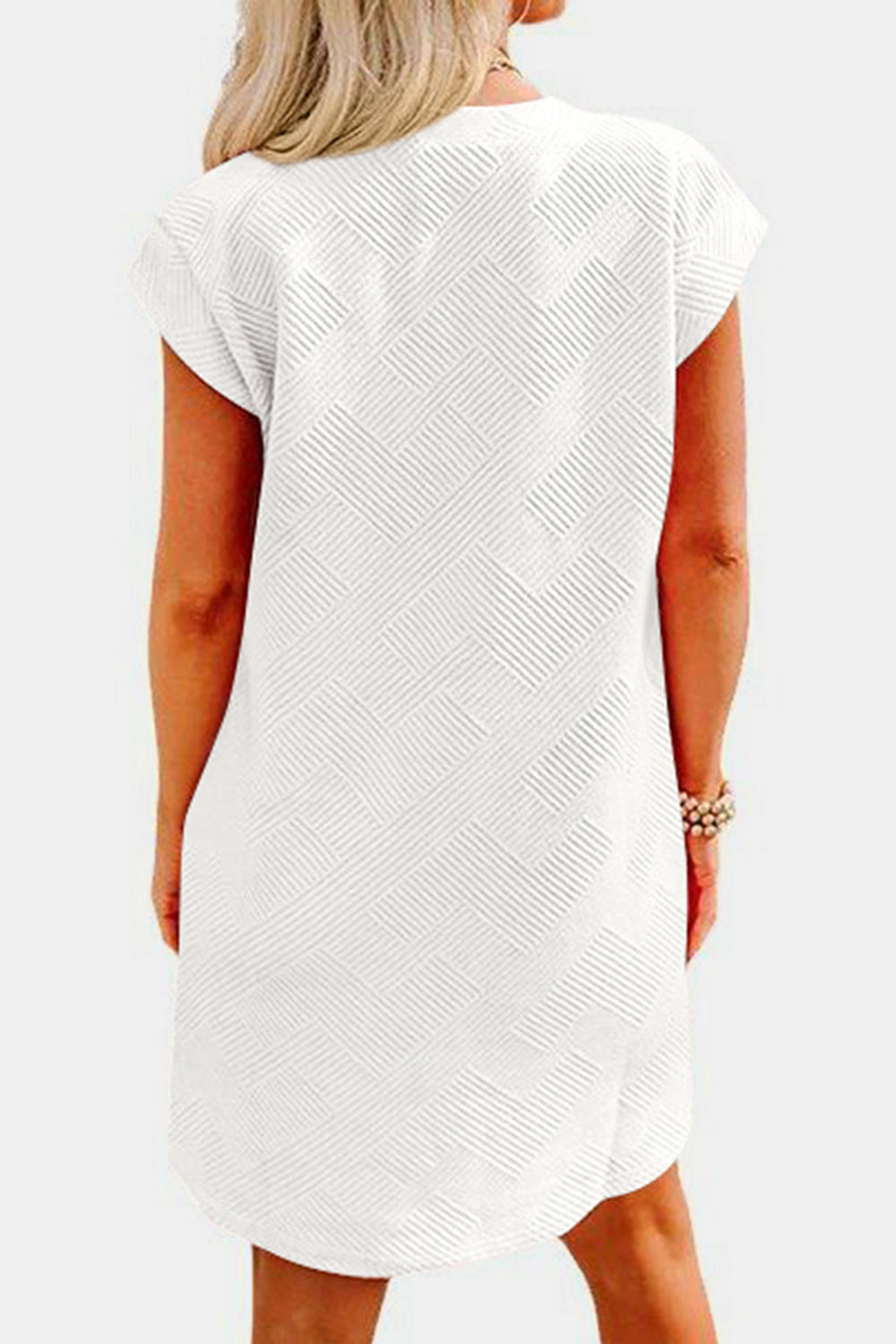 STUNNLY  Textured Round Neck Cap Sleeve Dress   