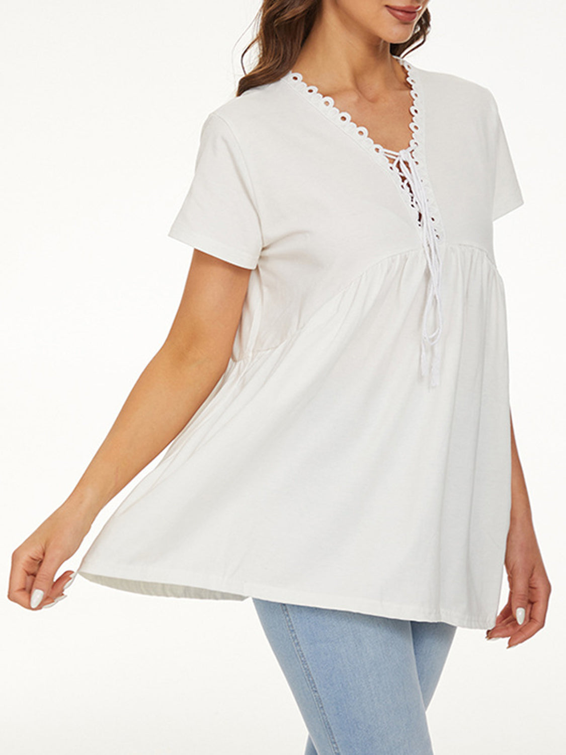 STUNNLY  Lace Detail Tie Neck Short Sleeve T-Shirt   