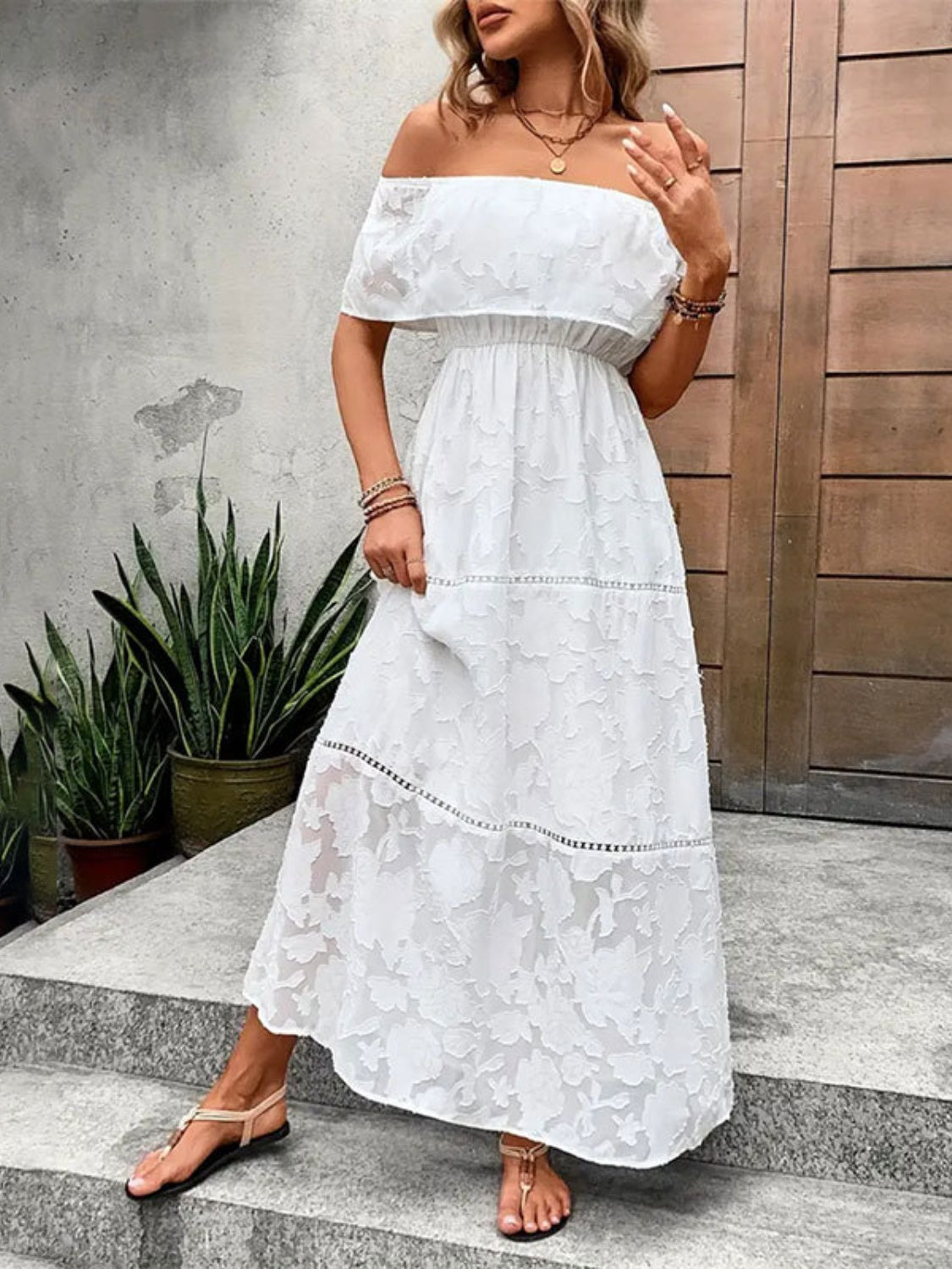 Off-Shoulder Short Sleeve Maxi Dress   