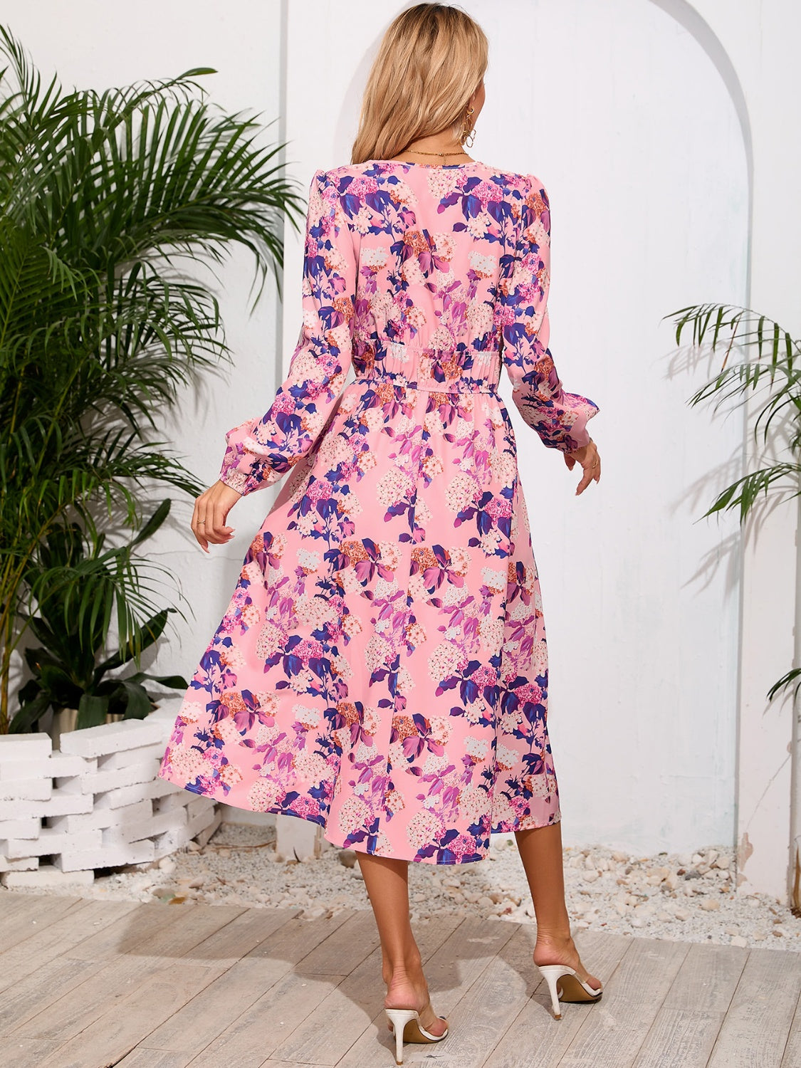 Printed Surplice Long Sleeve Midi Dress   