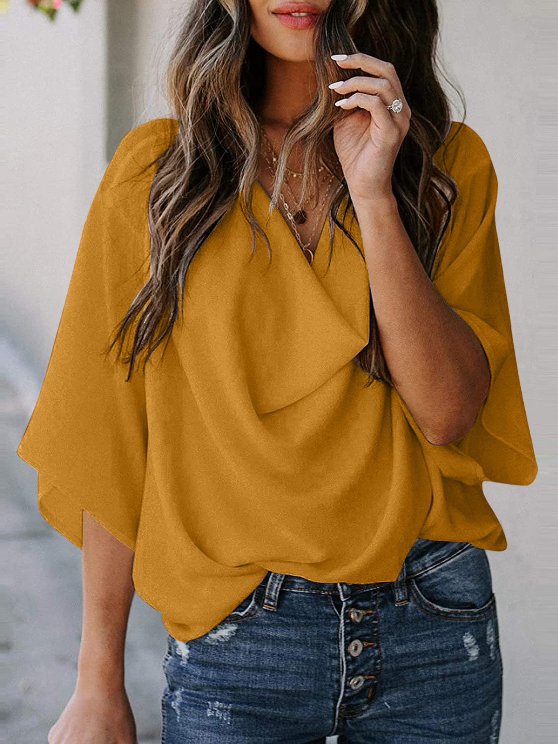 STUNNLY  Full Size Cowl Neck Three-Quarter Sleeve Blouse   