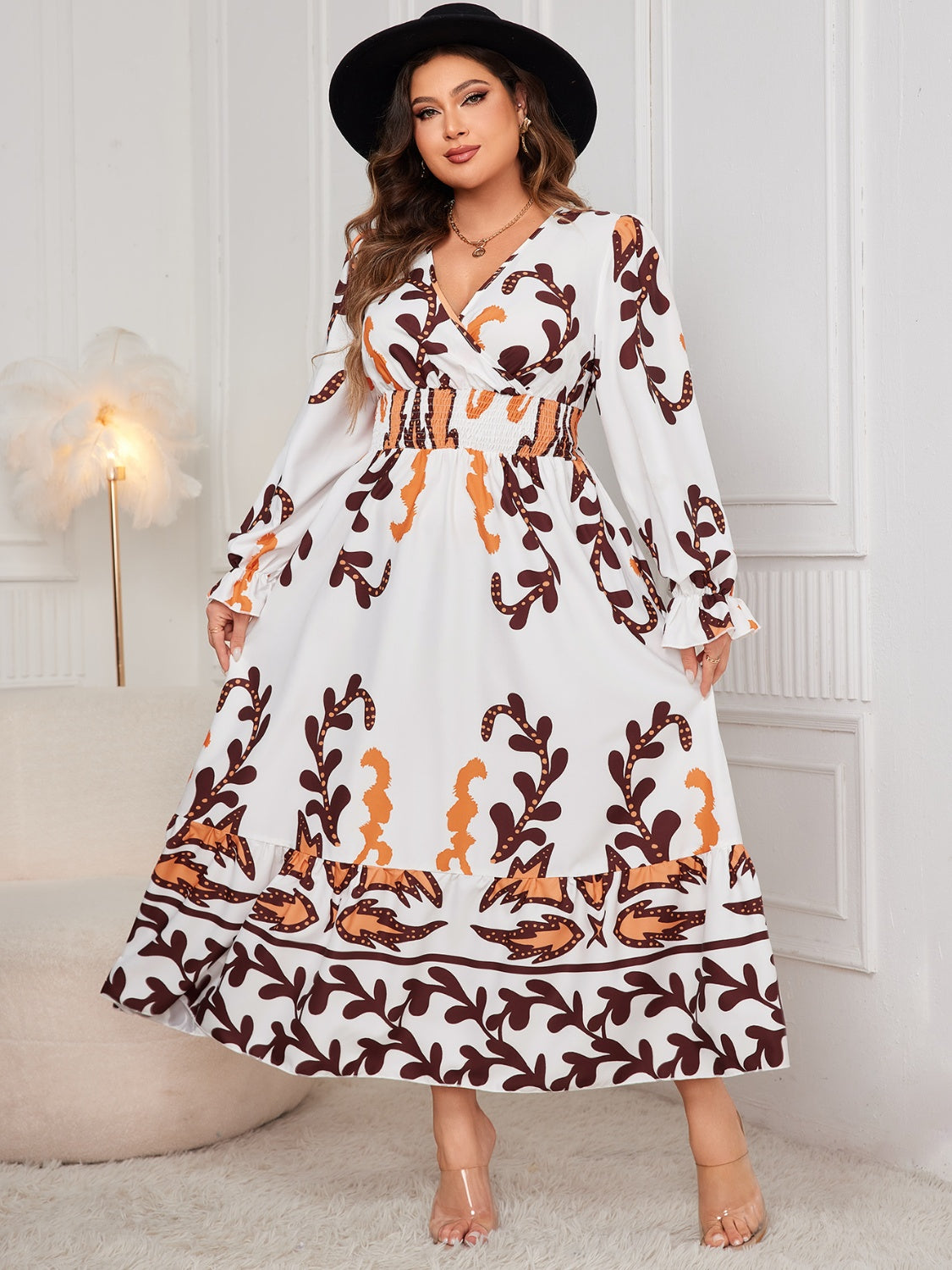 Plus Size Printed Surplice Flounce Sleeve Dress   