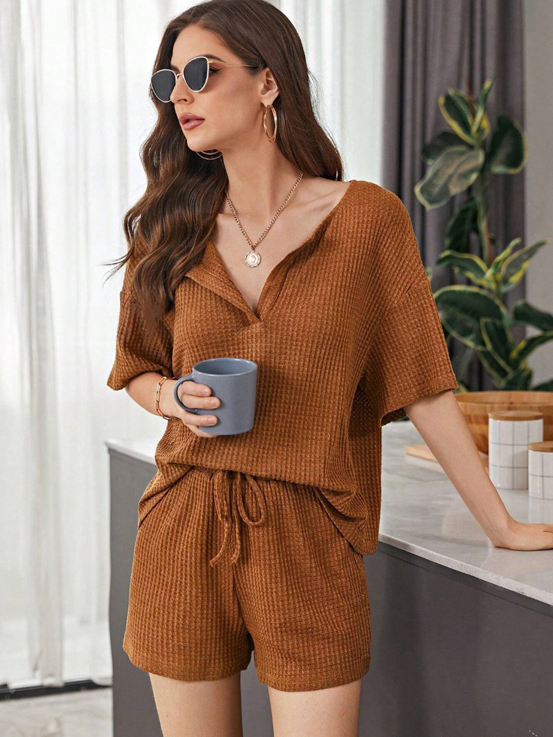 STUNNLY  Full Size Waffle-Knit Dropped Shoulder Top and Shorts Set   