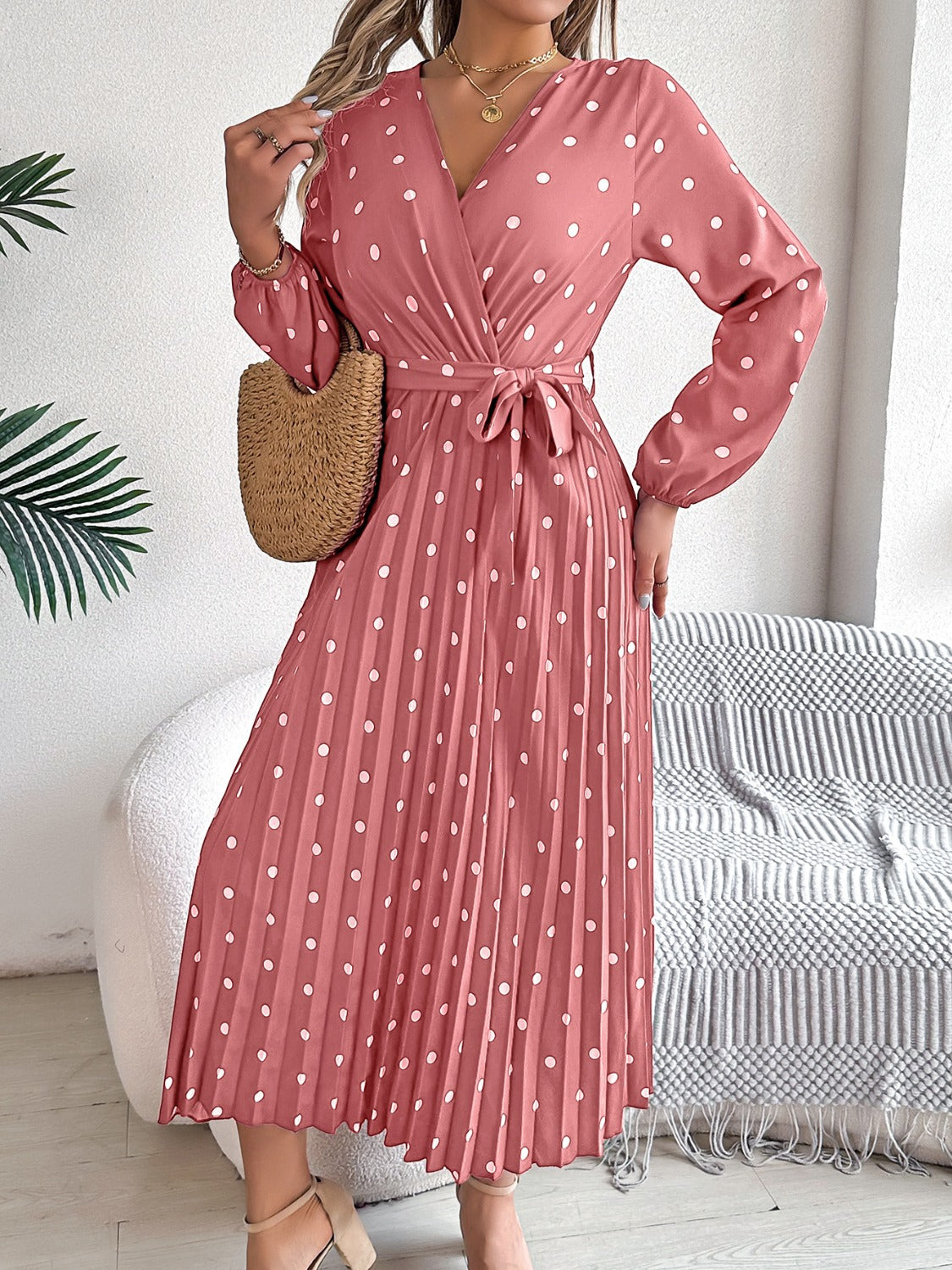 Tied Polka Dot Long Sleeve Midi Dress   