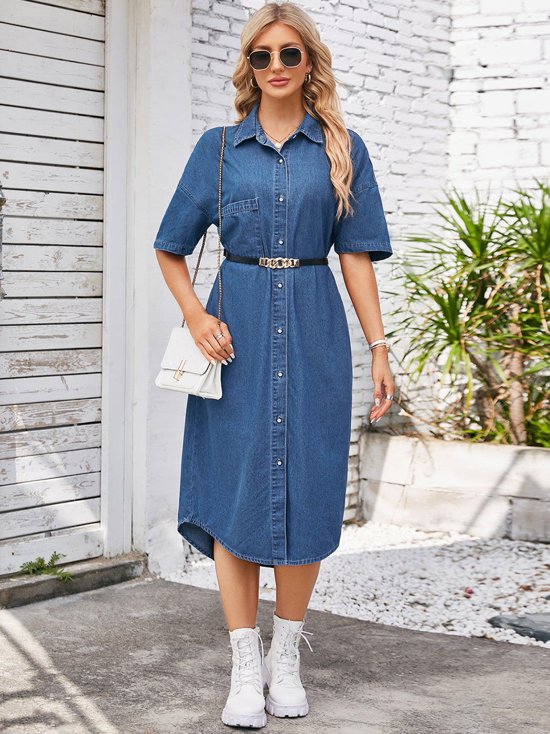 Button Down Half Sleeve Denim Dress   