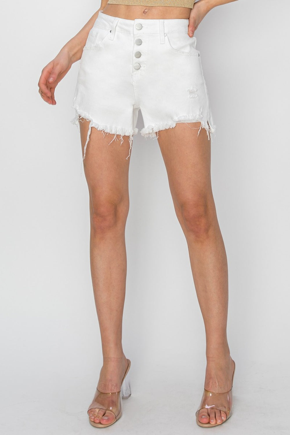 STUNNLY  RISEN Button Fly Frayed Hem Denim Shorts   