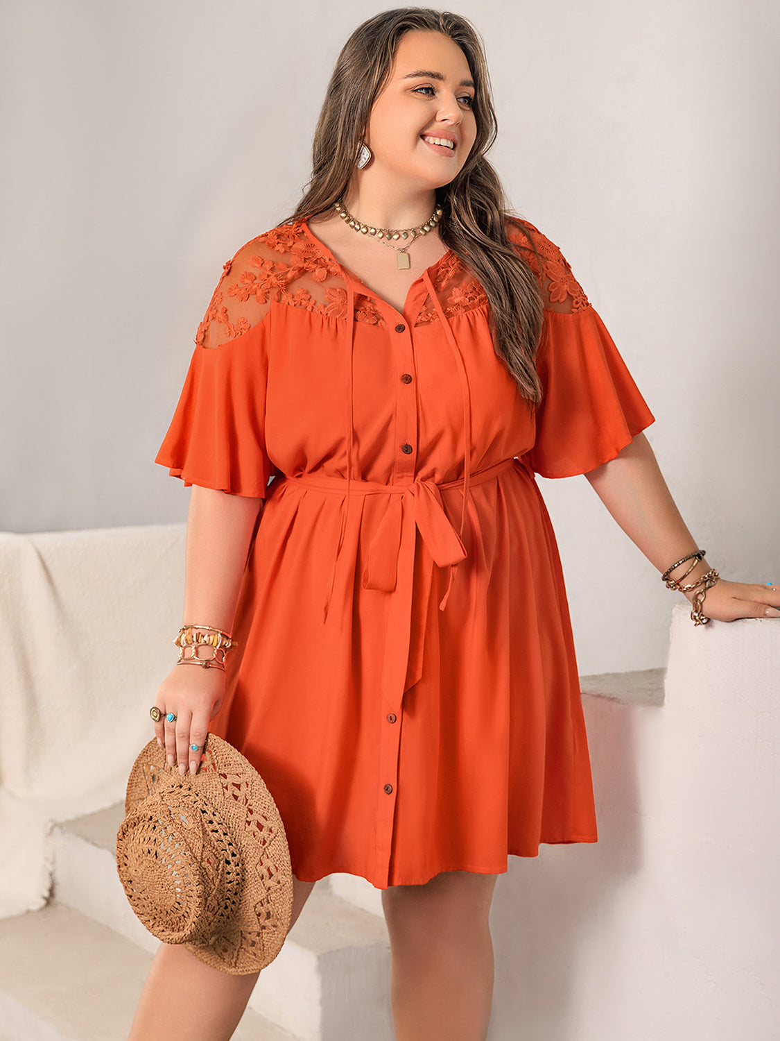 Plus Size Lace Button Up Half Sleeve Dress   