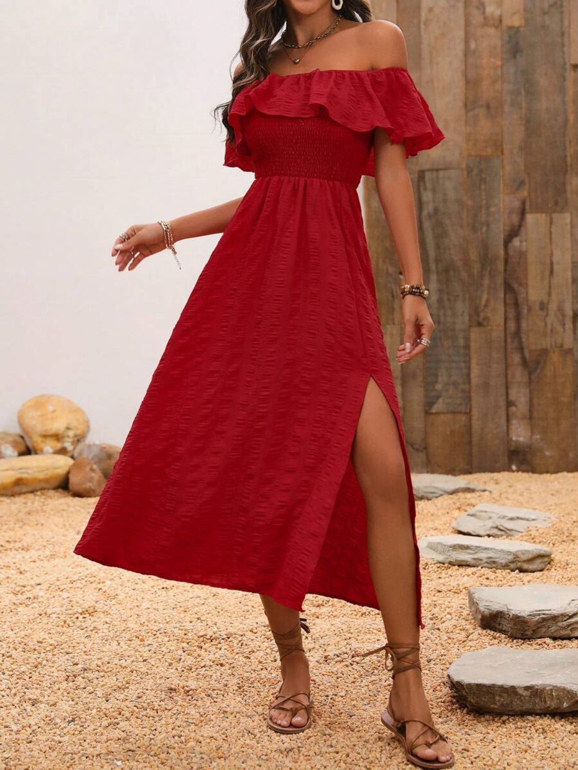 Slit Off-Shoulder Short Sleeve Midi Dress   