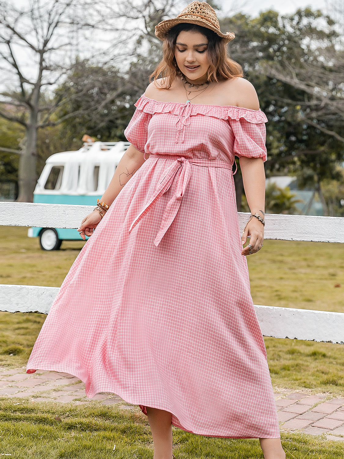 Plus Size Plaid Off-Shoulder Short Sleeve Midi Dress   