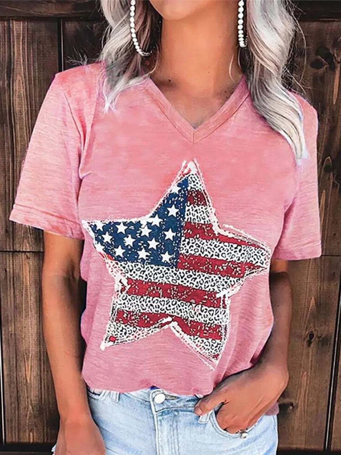 STUNNLY  US Flag Graphic V-Neck Short Sleeve T-Shirt Blush Pink S 