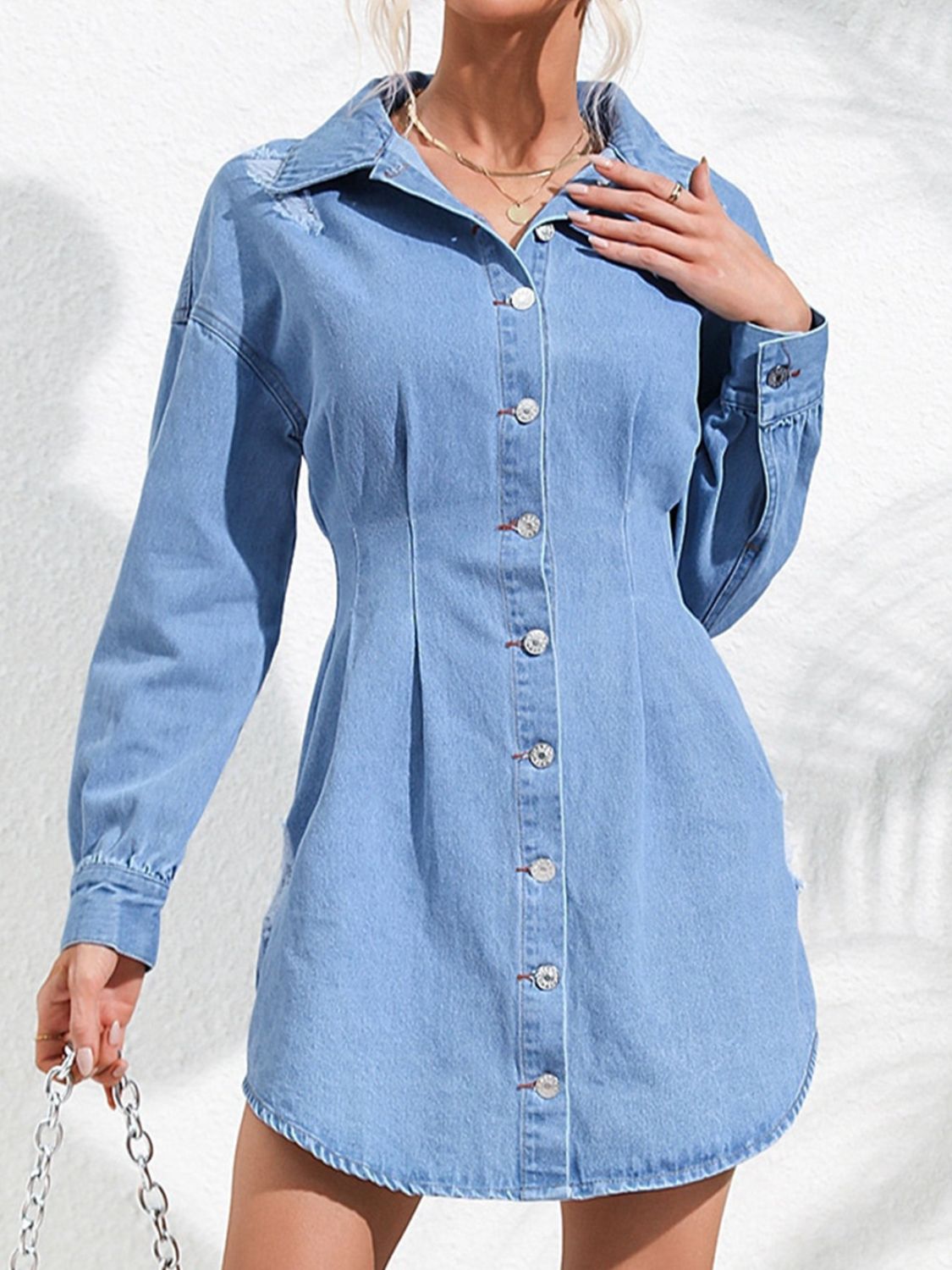 Distressed Button Up Long Sleeve Denim Dress   