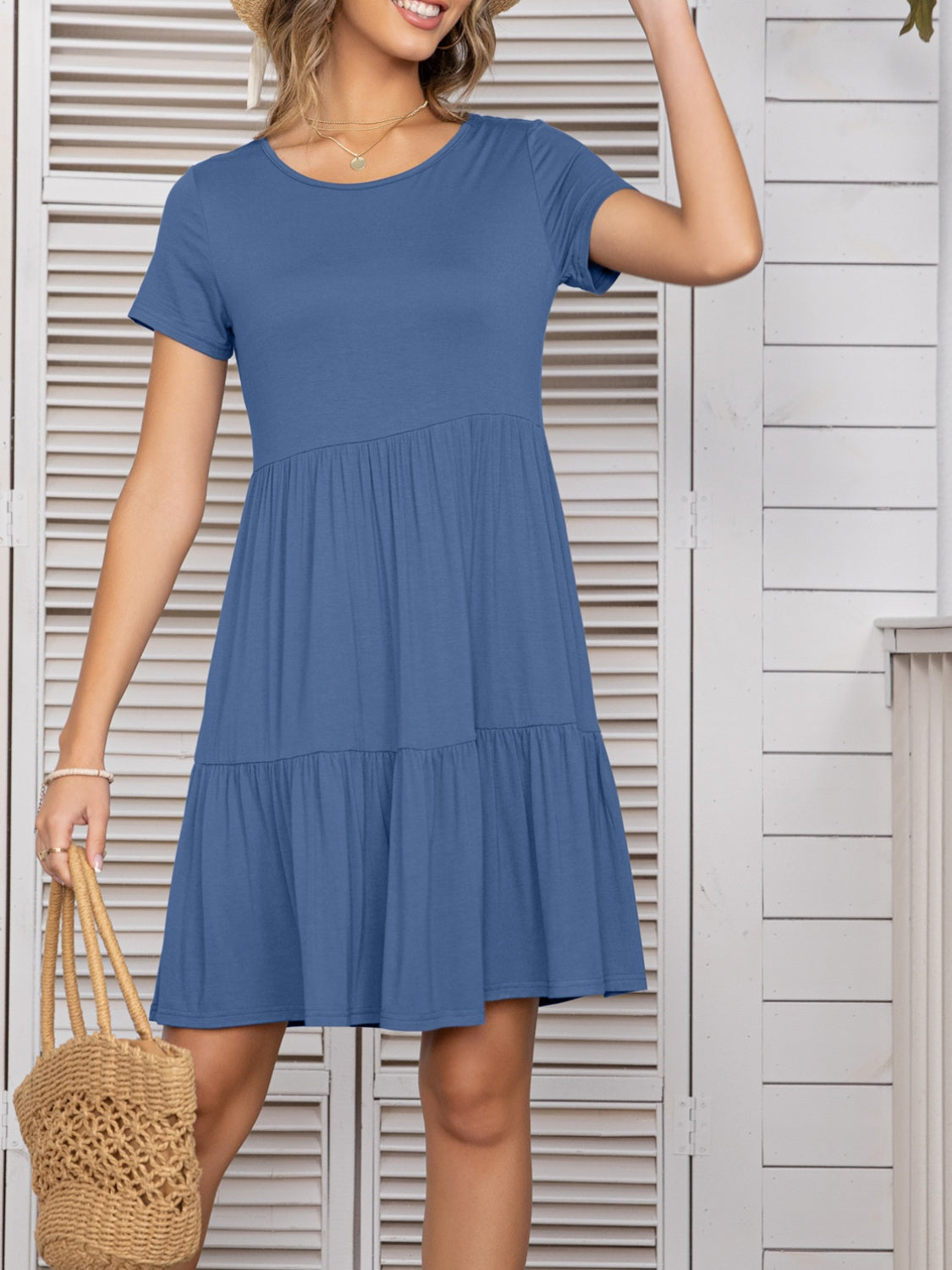 Round Neck Short Sleeve Mini Tee Dress   