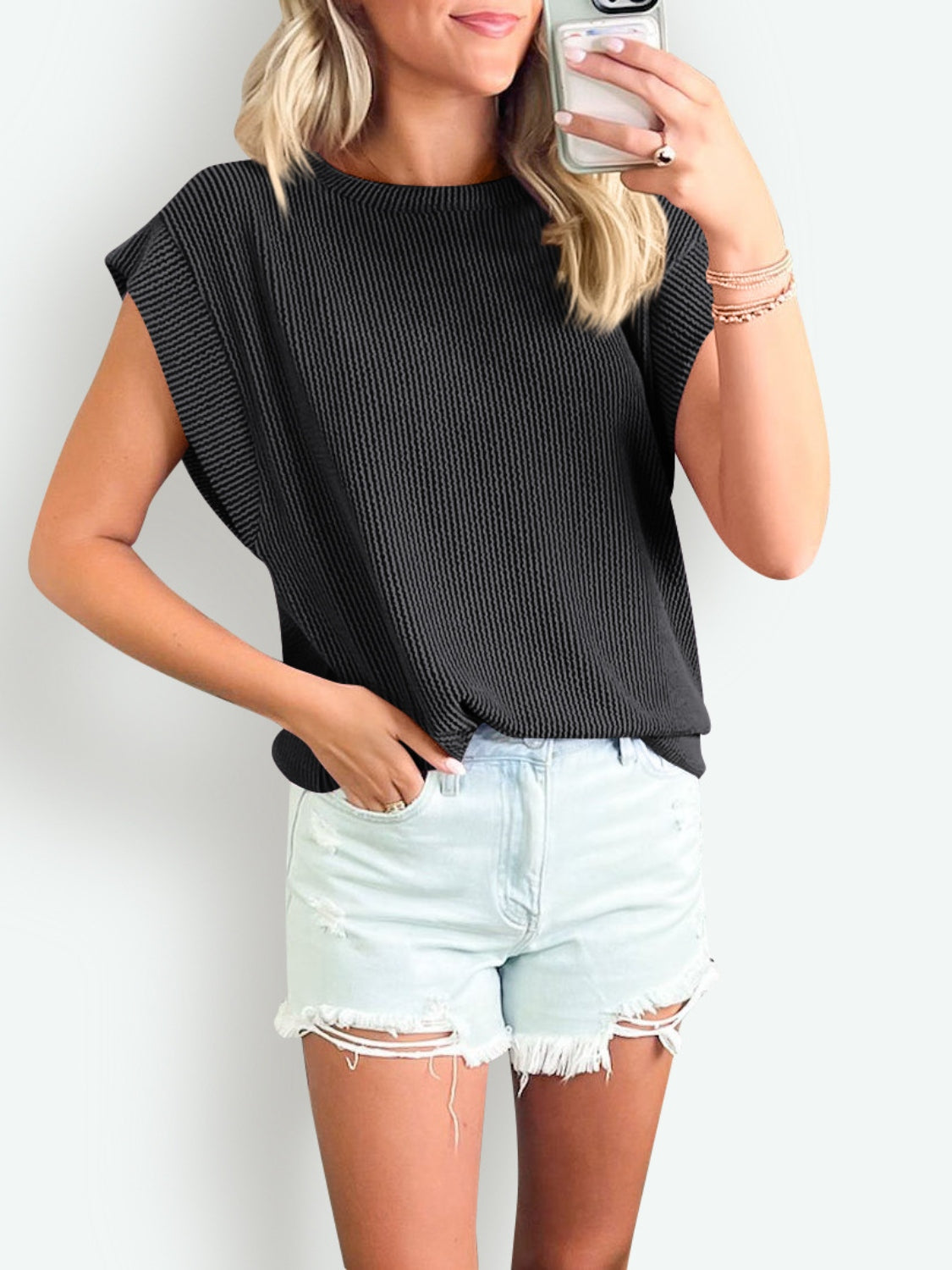 Textured Round Neck Cap Sleeve Blouse   