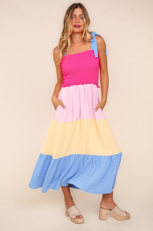 Haptics Smocked Color Block Tiered Cami Dress Hot Pink/Cream/Blue S 