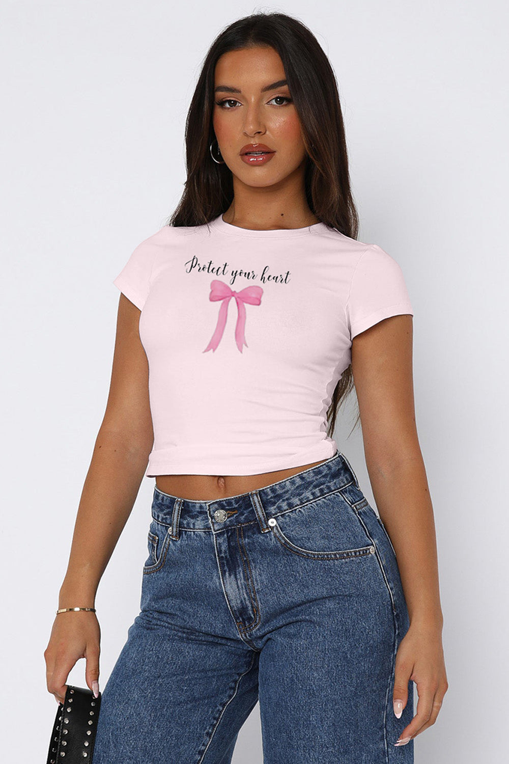 STUNNLY  Bow Graphic Round Neck Short Sleeve T-Shirt Blush Pink S 