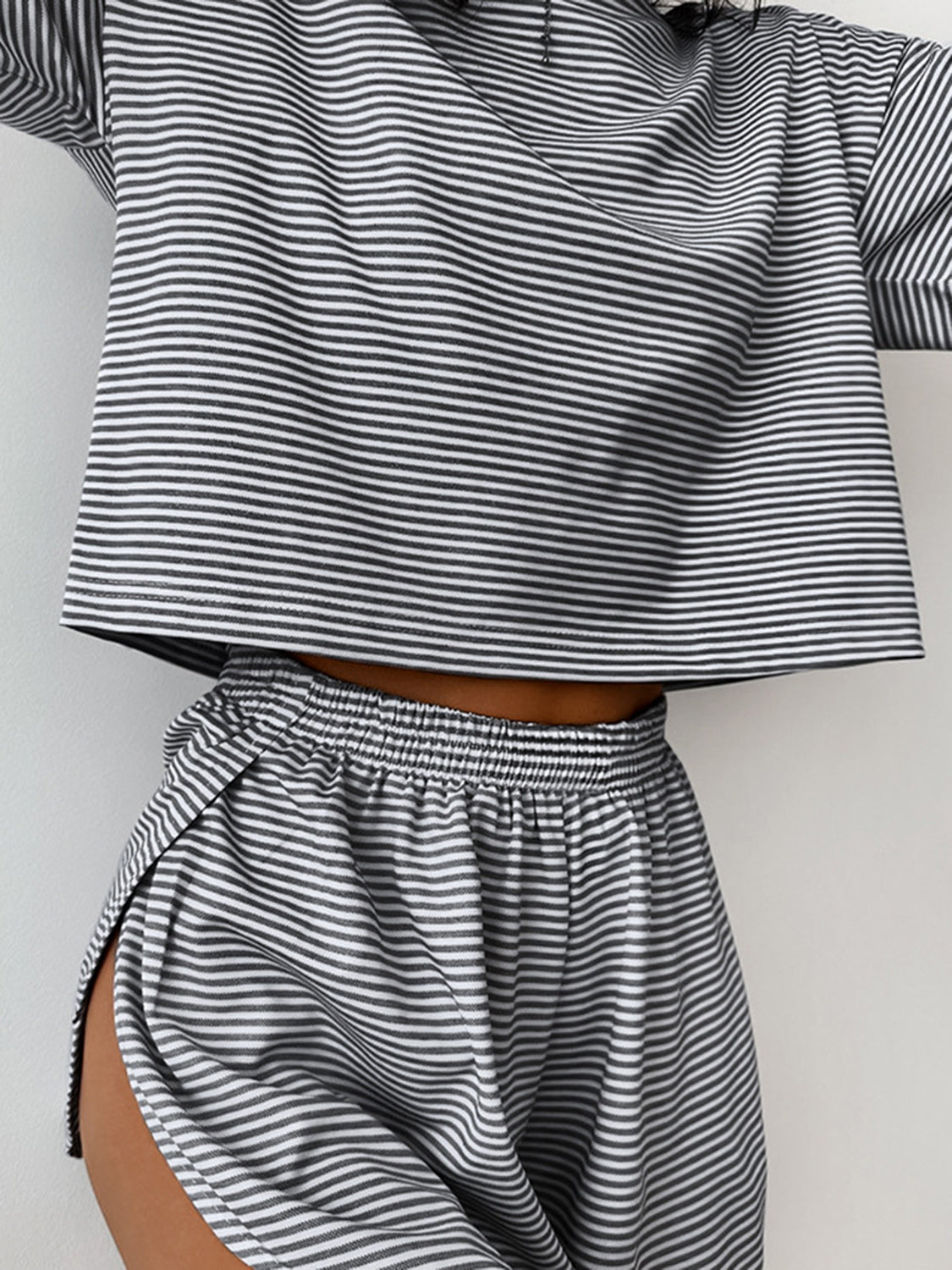 STUNNLY  Striped Round Neck Top and Shorts Set   