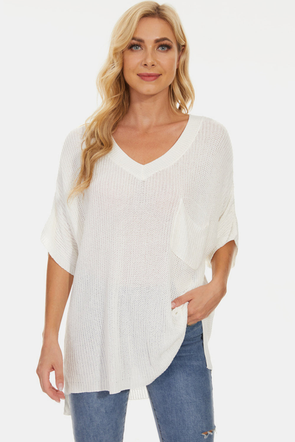 STUNNLY  Pocketed V-Neck Half Sleeve Knit Top   