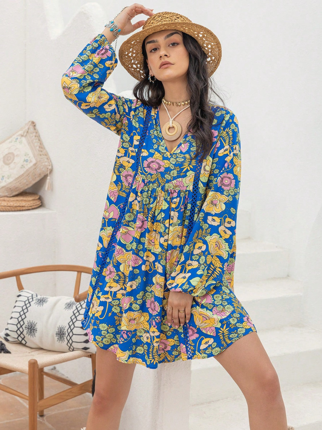 Printed V-Neck Balloon Sleeve Mini Dress   