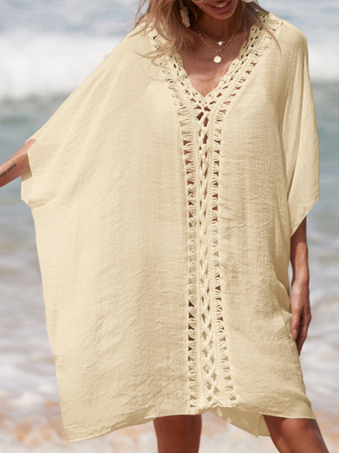 Cutout V-Neck Three-Quarter Sleeve Cover Up   