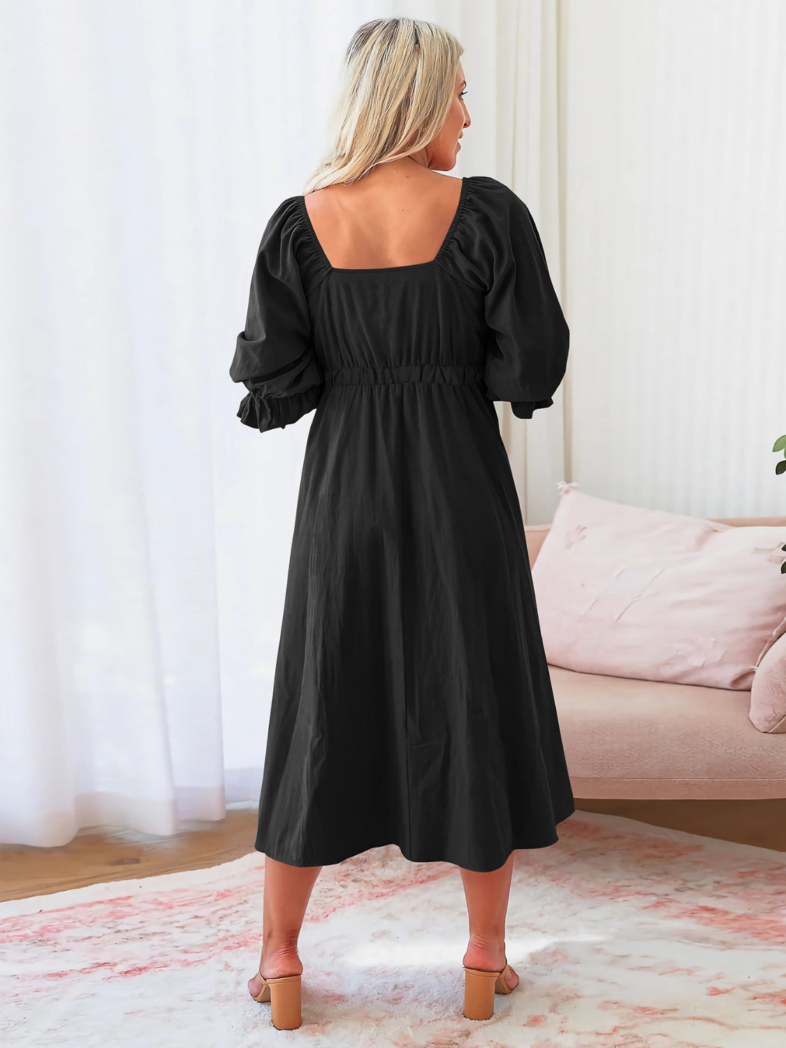 Sweetheart Neck Flounce Sleeve Midi Dress   