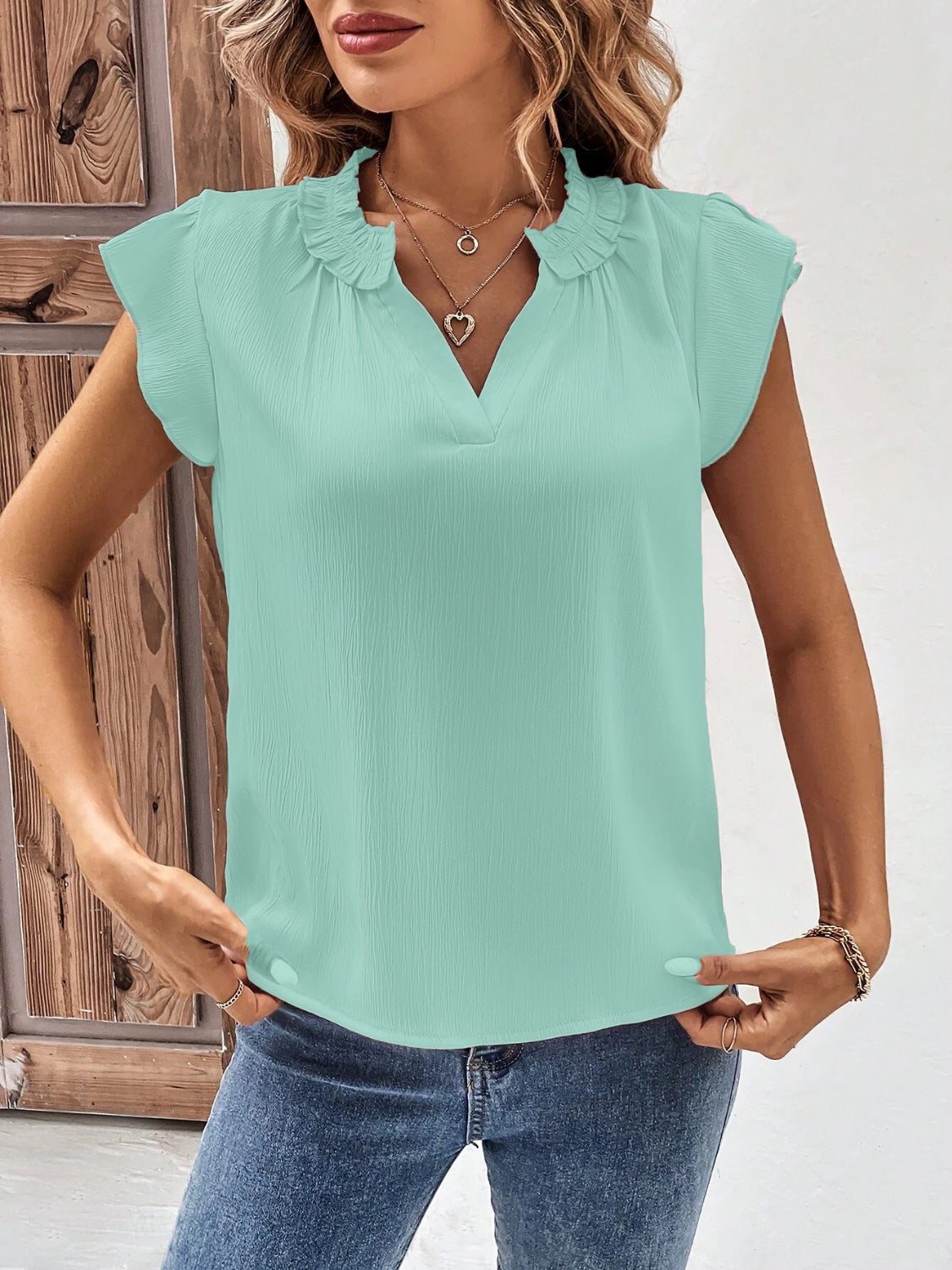 STUNNLY  Notched Cap Sleeve Blouse   